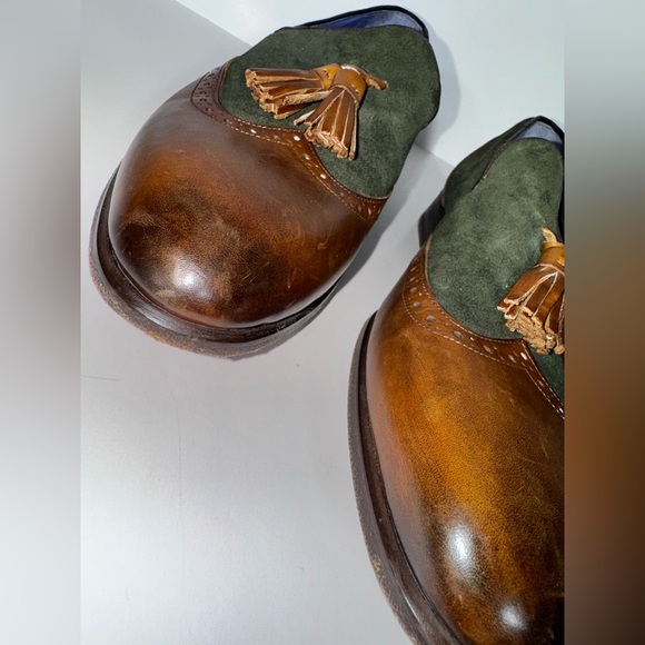 CERBERO ITALY NANO TASSEL LEATHER BROWN/GREEN LOAFERS MENS SIZE 8 - Picture 4 of 12